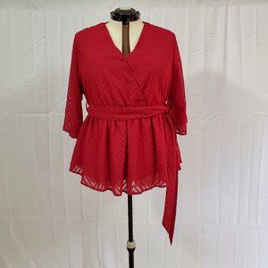 NWT Women's Blouse 1X Bloomchic Red V Neck Belted Geometric 3/4 Sleeve Elegant